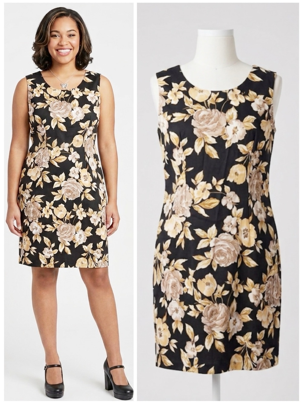 Y2K Faded Glory Black Floral Stretch Twill Sleeveless Sheath Dress Size 14 NWT